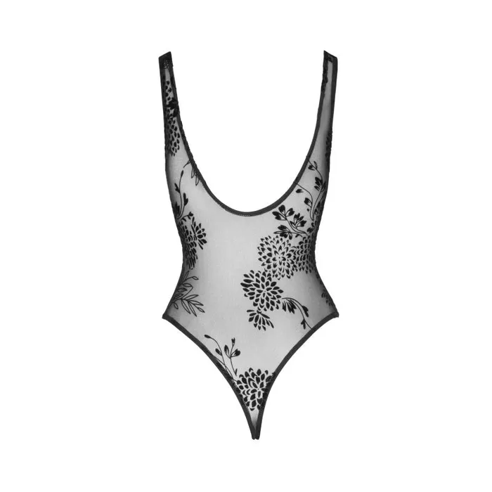 Tulle Bodysuit w Patterned Flock Embroidery Noir Teddies And Bodies