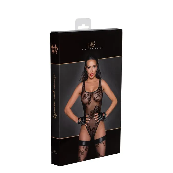 Tulle Bodysuit w Patterned Flock Embroidery Noir Teddies And Bodies
