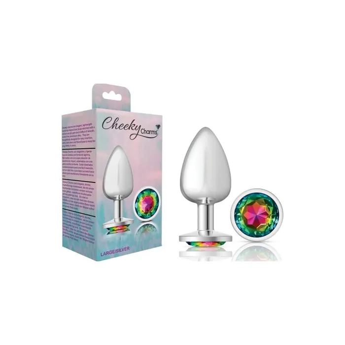 Cheeky Charms Silver Round Butt Plug w Rainbow Jewel Large Vibrant Vibes Australia Quality Sex Toys Great Prices Anal